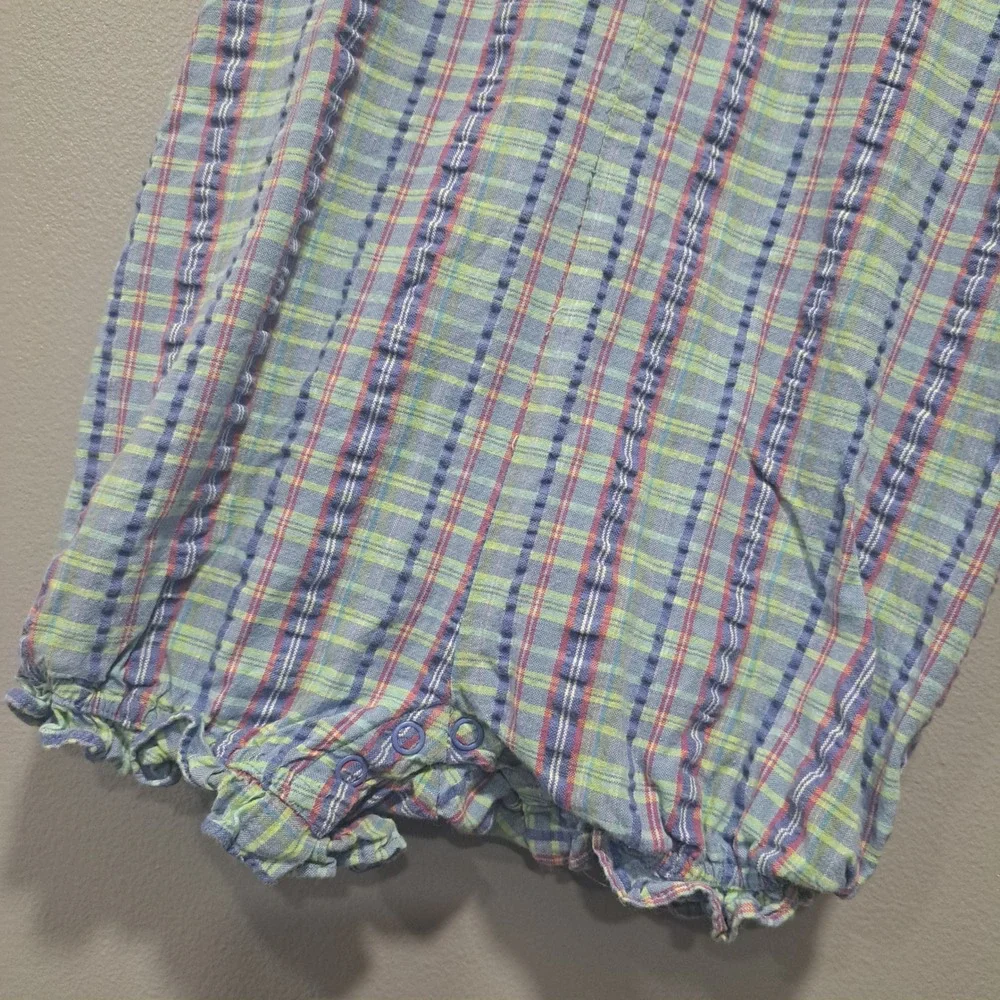 Vintage Old Navy Baby Plaid Seersucker Romper Blue Green 18-24 Months XL‎